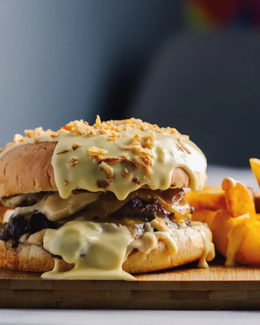 Product photography — gourmet burger on wood board