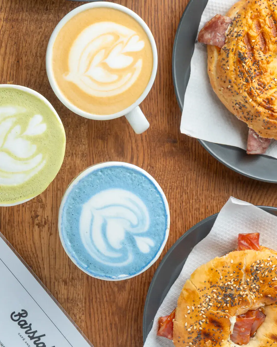 Food photography — overhead latte art and pastries